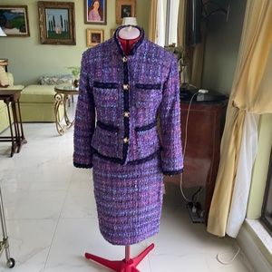 CUSTOM MADE  PURPLE BOUCLE SUIT CREATED IN STYLE OF CHANEL.  SIZE 6